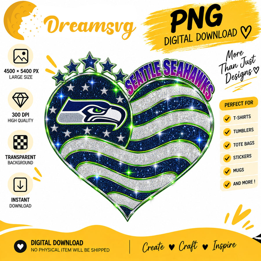 Seattle Seahawks Glitter Heart NFL Football Fan Girl PNG