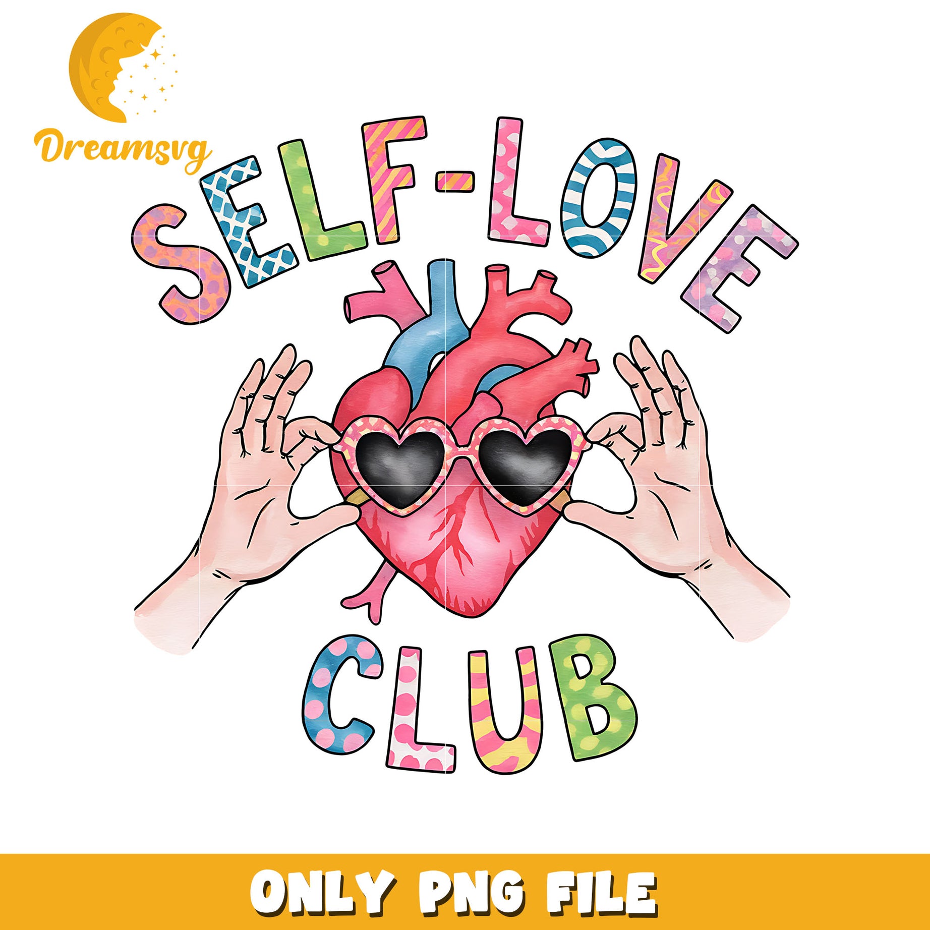 Self love club design png, cool heart png, valentine png