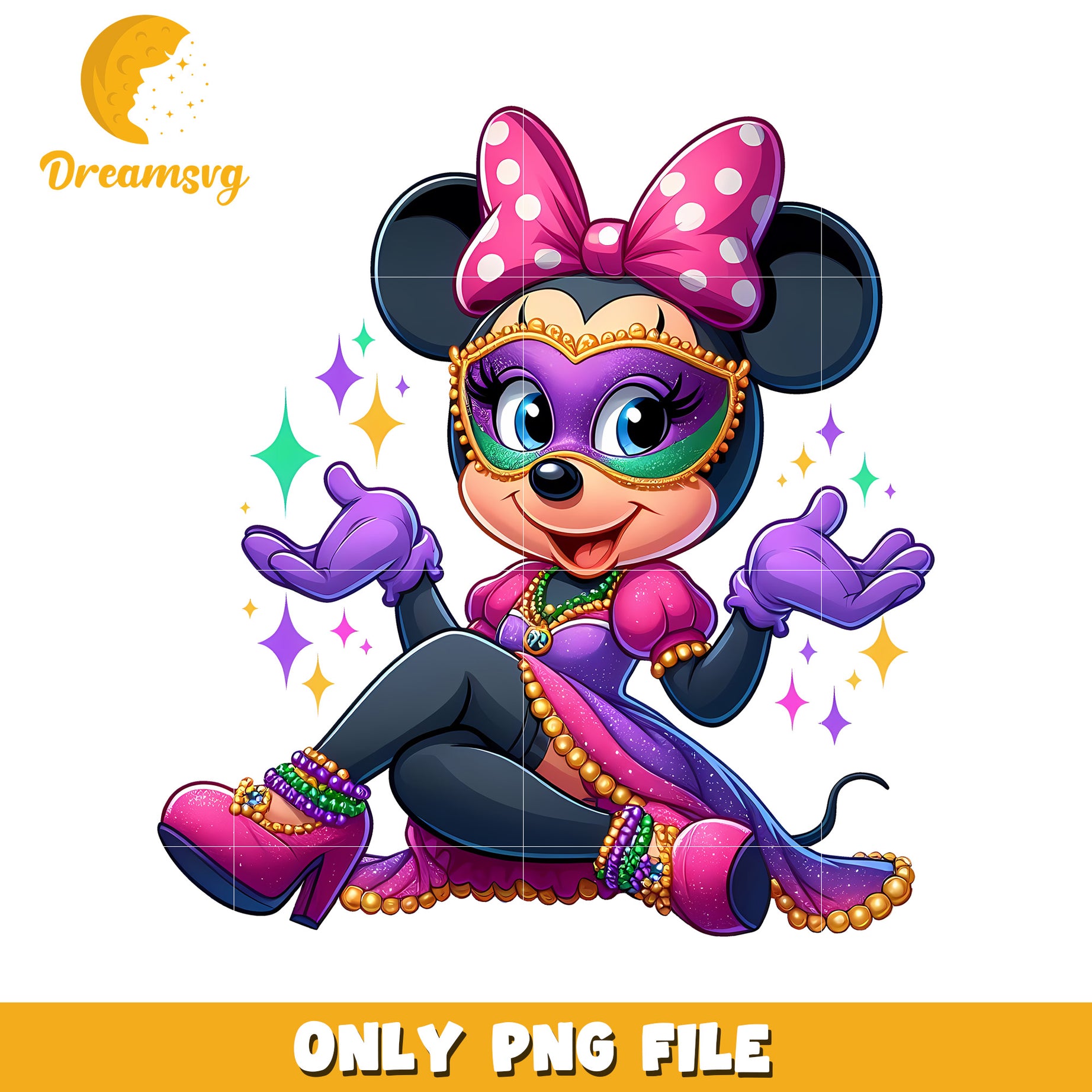 Sexy minnie mouse mardi gras outfit png, mardi gras beads png