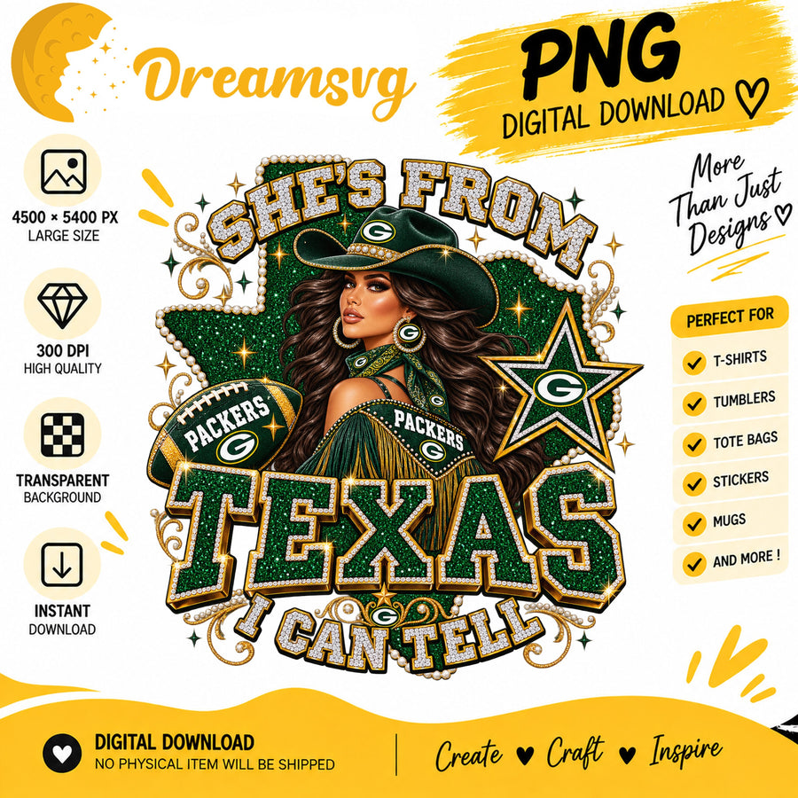 She's From Texas I Can Tell Green Bay Packers Cowgirl PNG