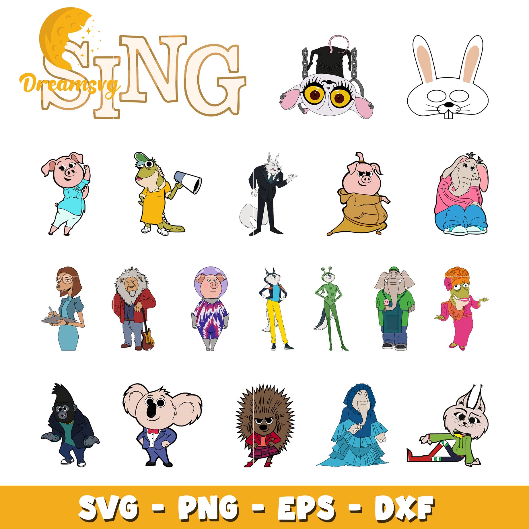 Sing characters bundle svg, sing 2 cast svg, cartoon characters svg