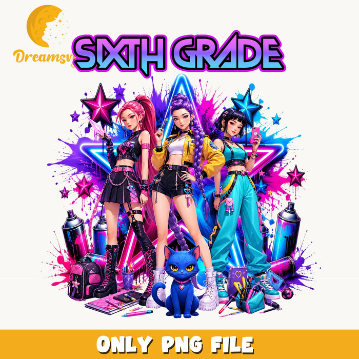 Sixth Grade Kpop Girls PNG, Neon School Squad, Fan PNG