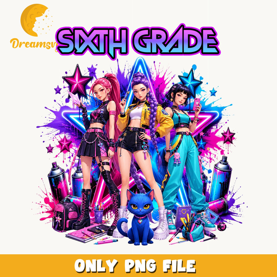 Sixth Grade Kpop Girls PNG, Neon School Squad, Fan PNG