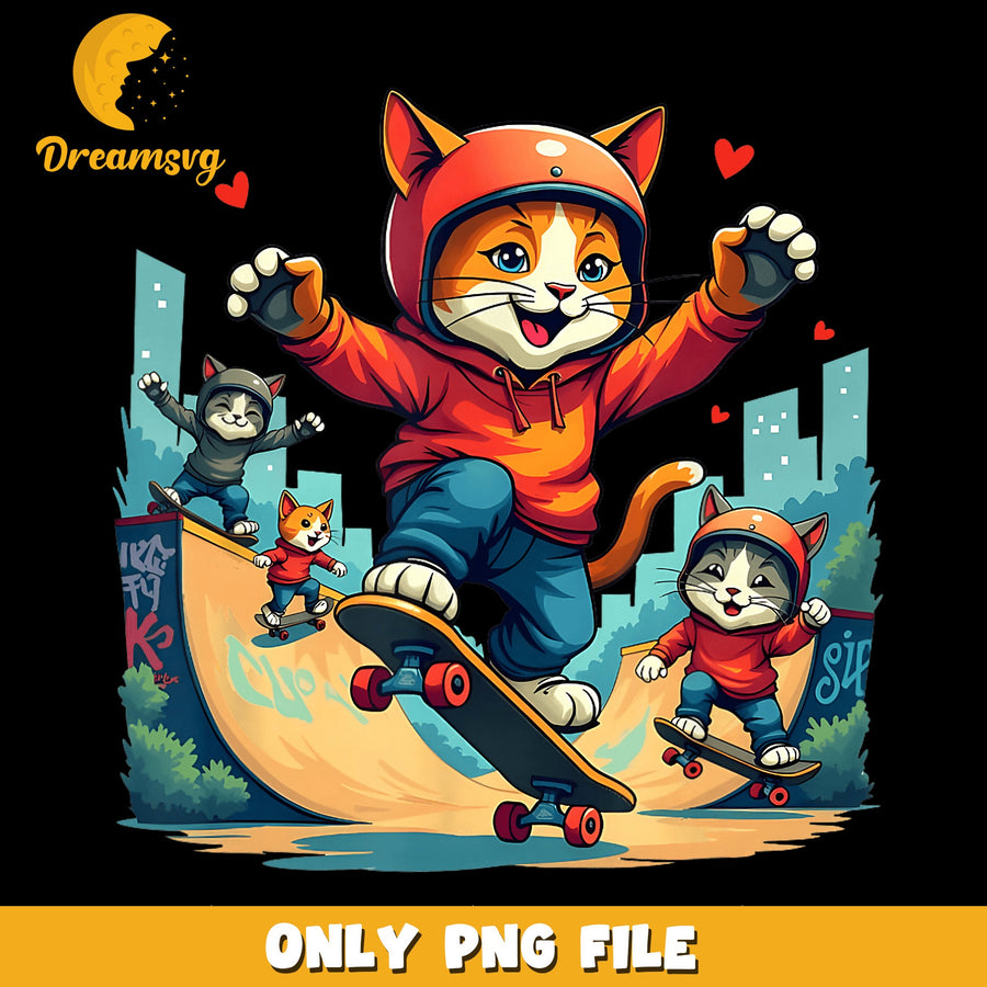 Skateboarding Cats Skate Park Hoodie Helmet PNG, Cool Cat, Funny PNG