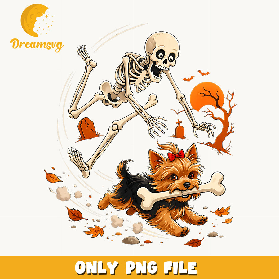 Skeleton Dog Chase PNG, Spooky Halloween Art, Fun