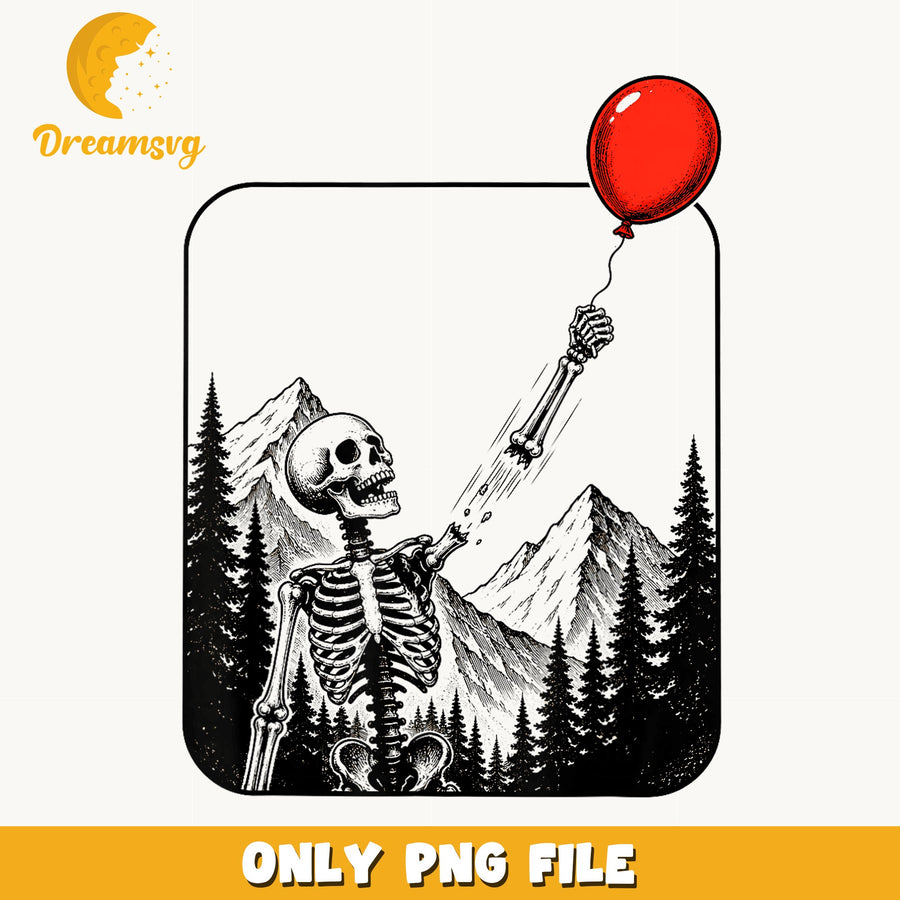 Skeleton Releasing Red Balloon Mountain PNG, Spooky Nature, Halloween