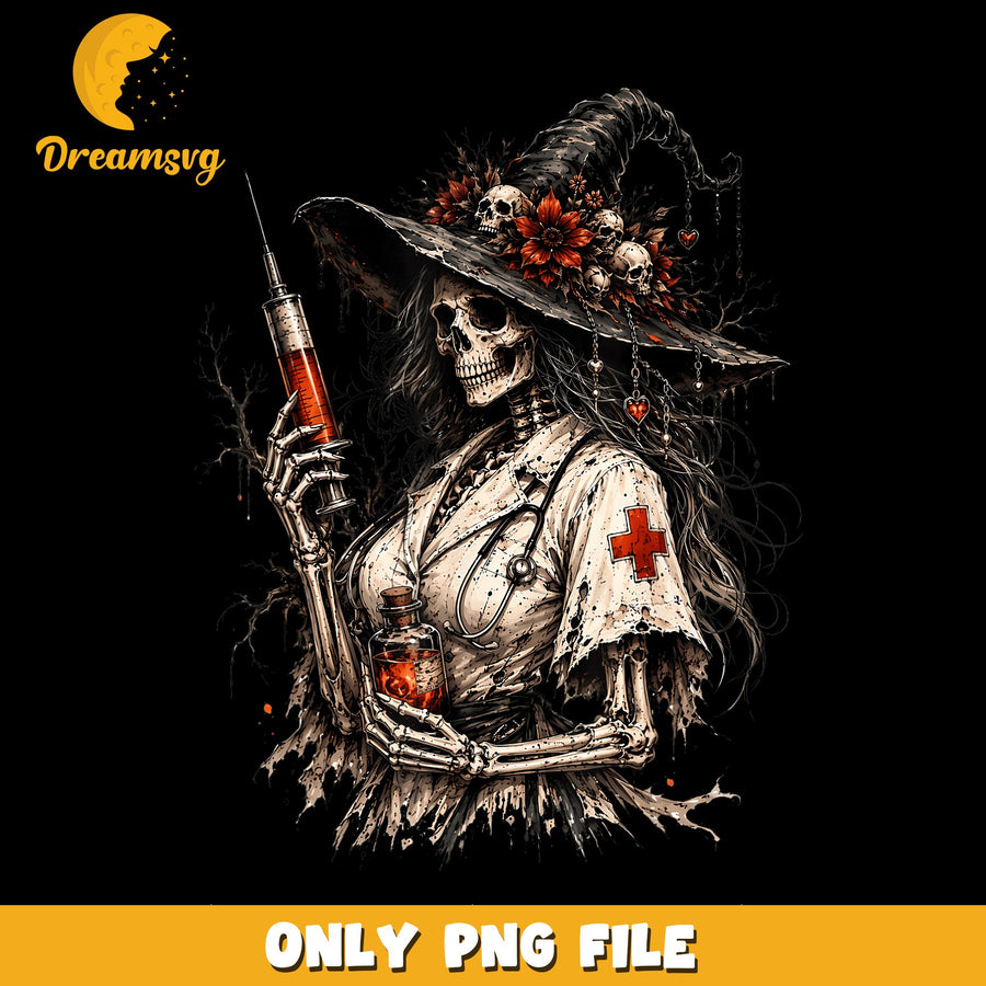 Skeleton Witch PNG, Halloween Nurse Theme, Spooky Art