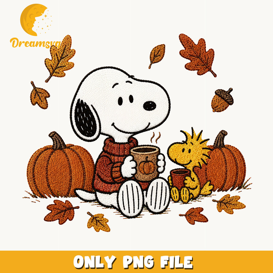 Snoopy And Woodstock Clipart, Autumn Pumpkin Coffee Cozy Scene