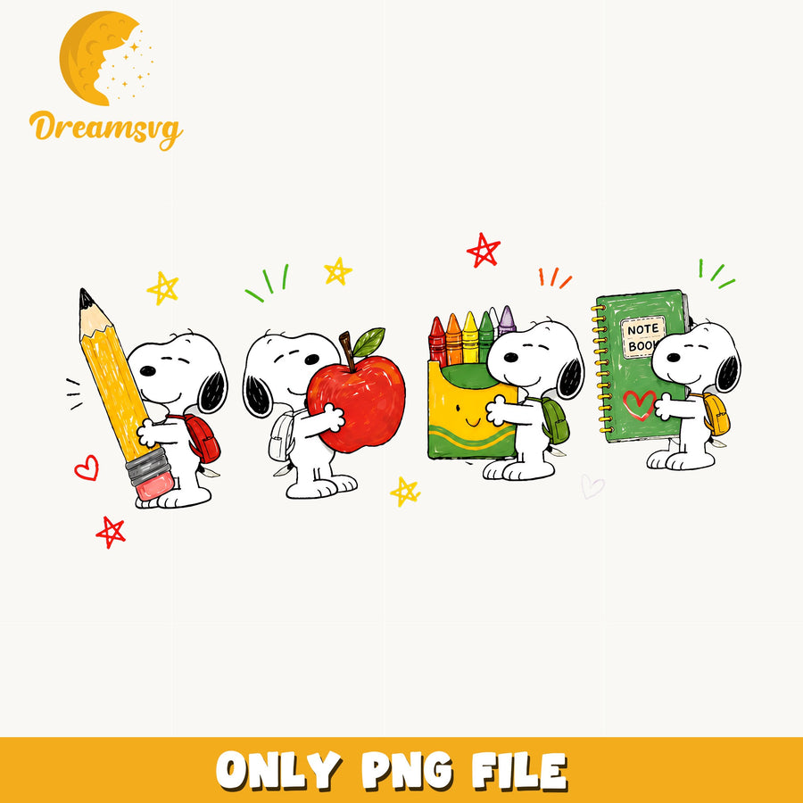 Snoopy Back To School Clipart, Pencil Apple Crayons Notebook Scene