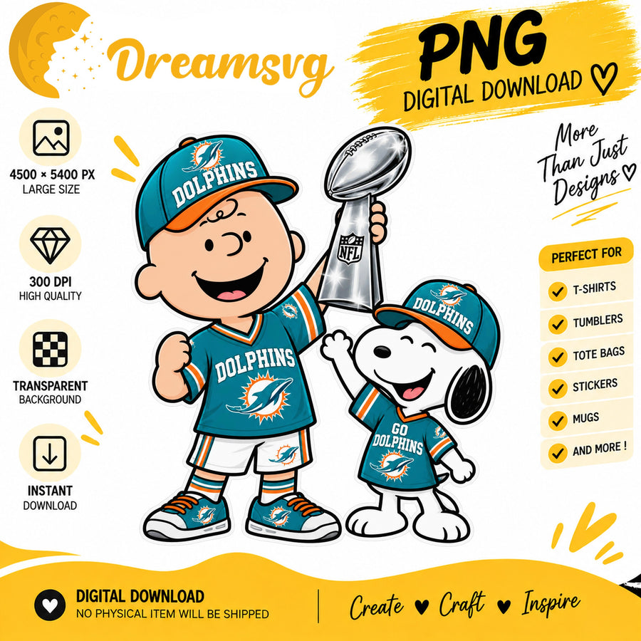 Snoopy Charlie Brown Miami Dolphins Trophy Sublimation PNG