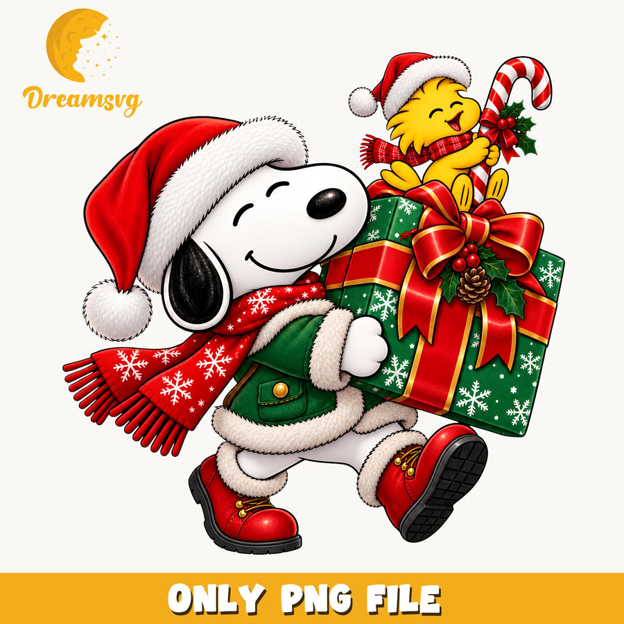 Snoopy Christmas Clipart, Red Scarf Candy Cane Gift Present, Quote v5