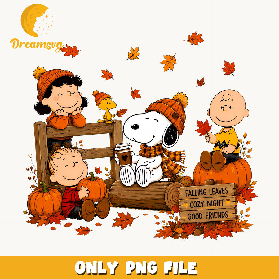 Snoopy Fall Cozy Night Clipart, Orange Plaid Pumpkin Falling Leaves