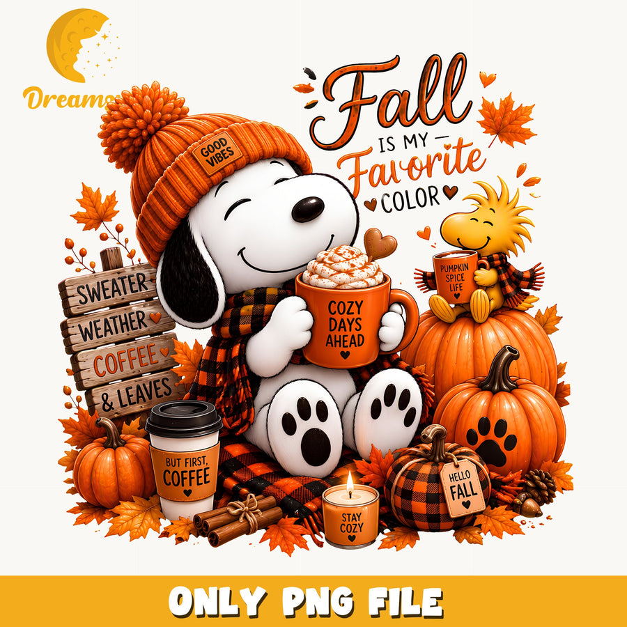 Snoopy Fall Favorite Color Clipart, Orange Pumpkin Cozy Coffee, Autumn