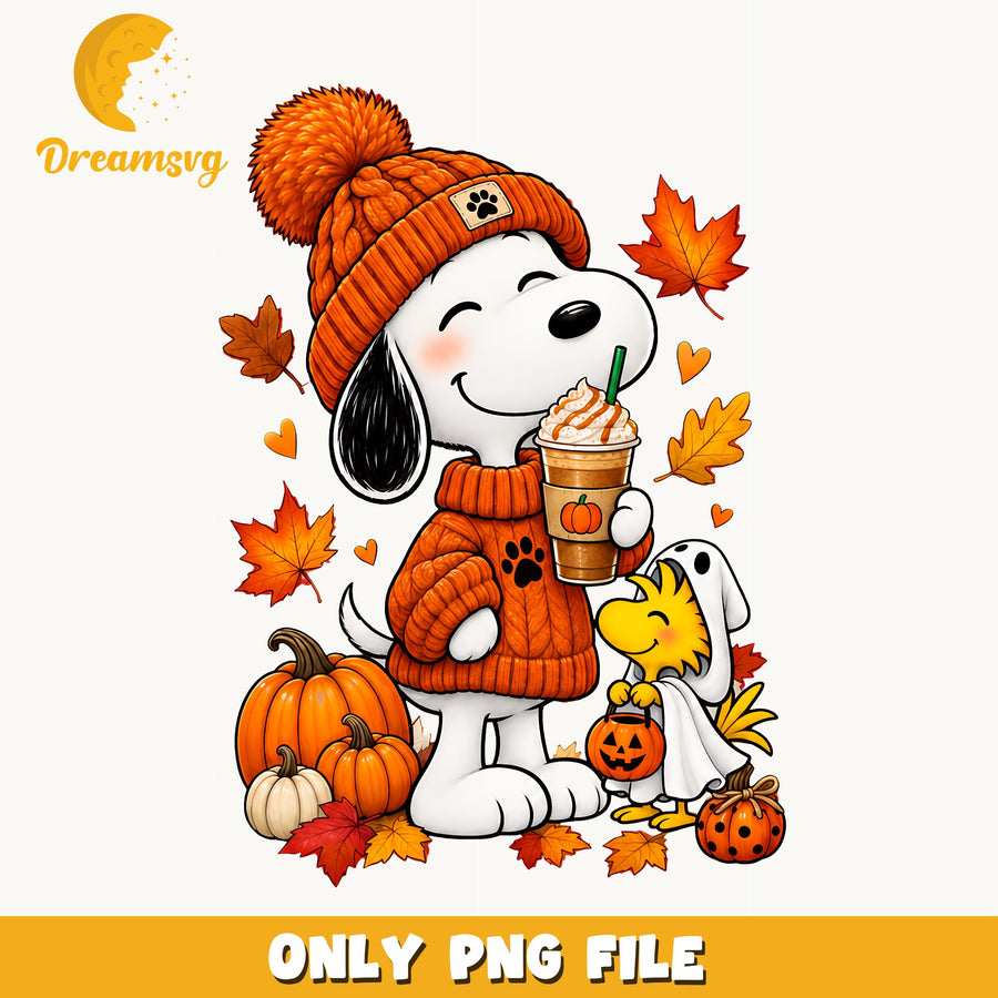 Snoopy Pumpkin Spice Latte Clipart, Orange Beanie Cozy Fall Scene