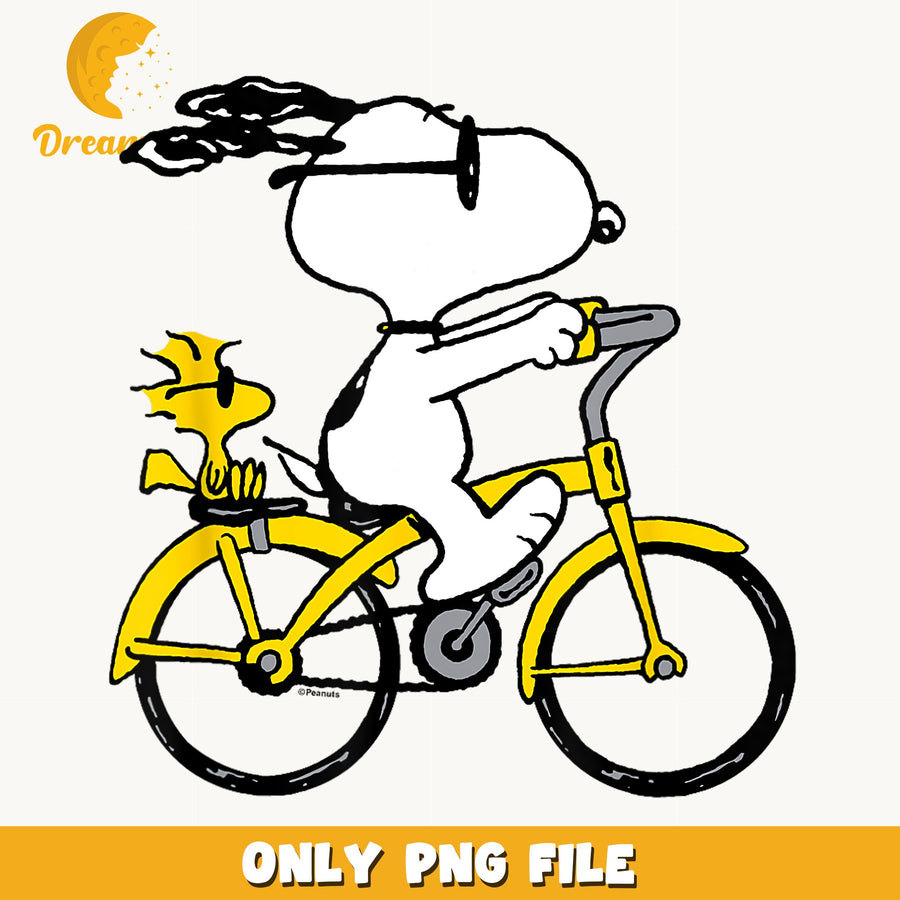 Snoopy Riding Bicycle PNG, Woodstock Peanuts Design, Cute PNG