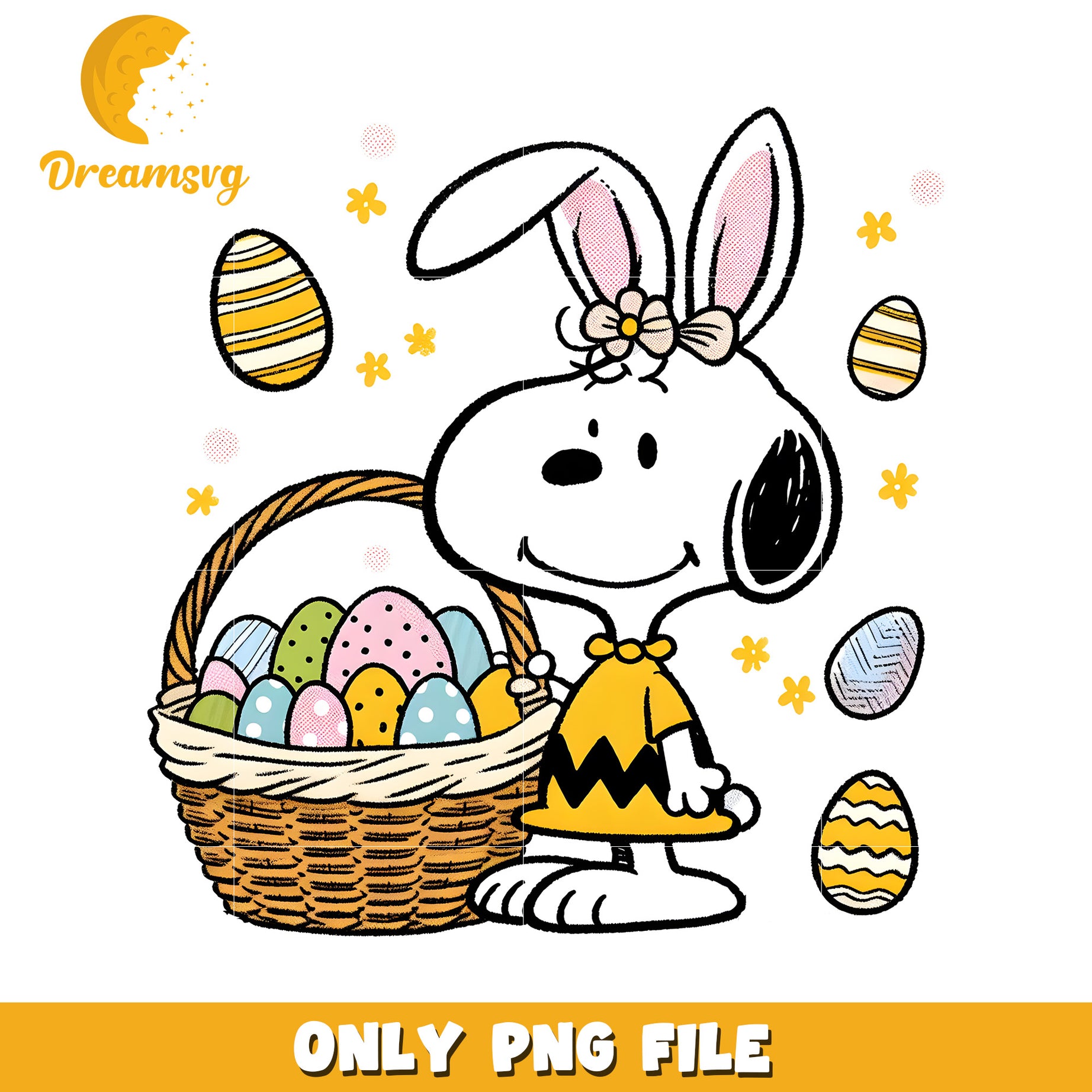 Snoopy bunny easter eggs png, easter day png, peanuts character png