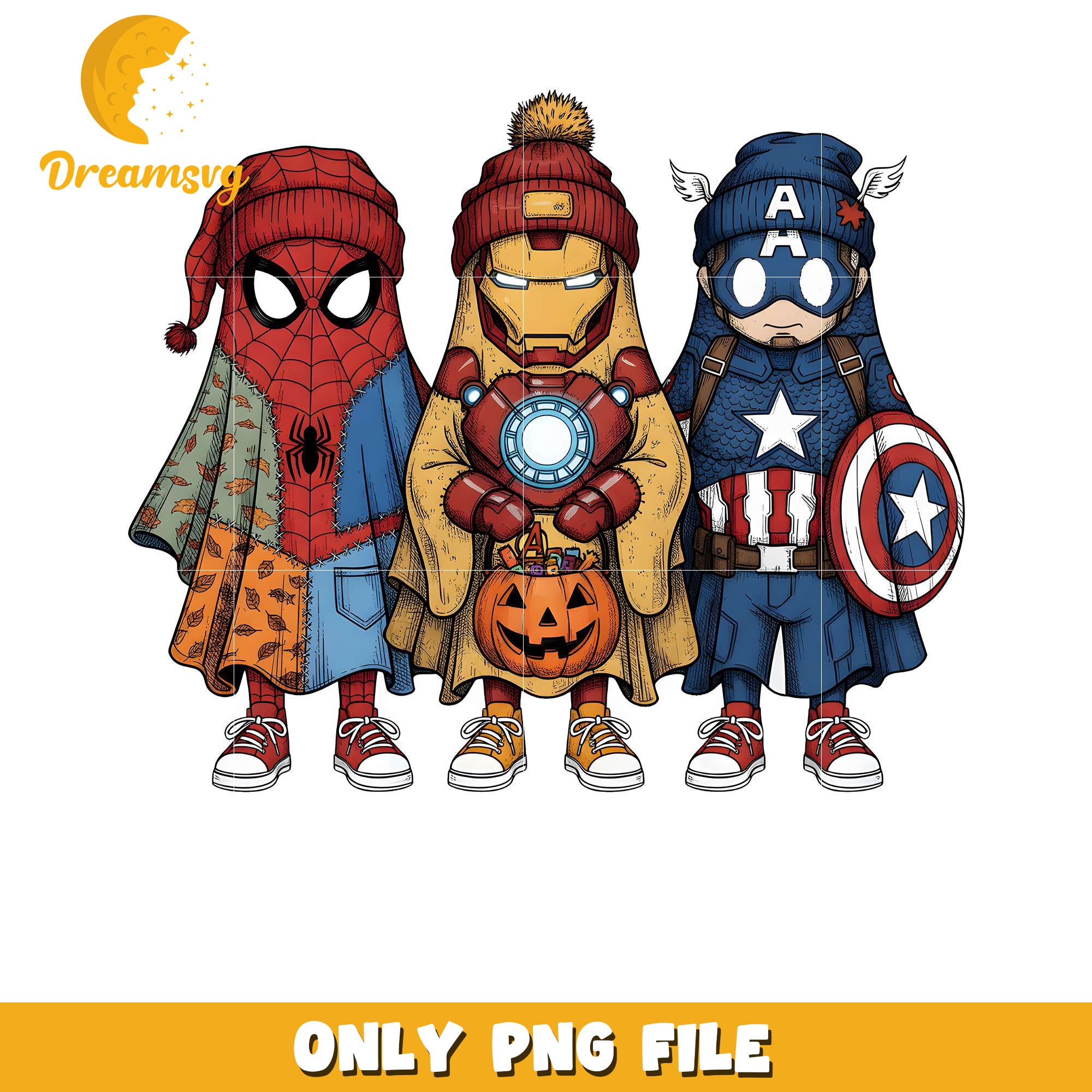 Spiderman ironman and cap png, spooky halloween​​​​ png, fall season png