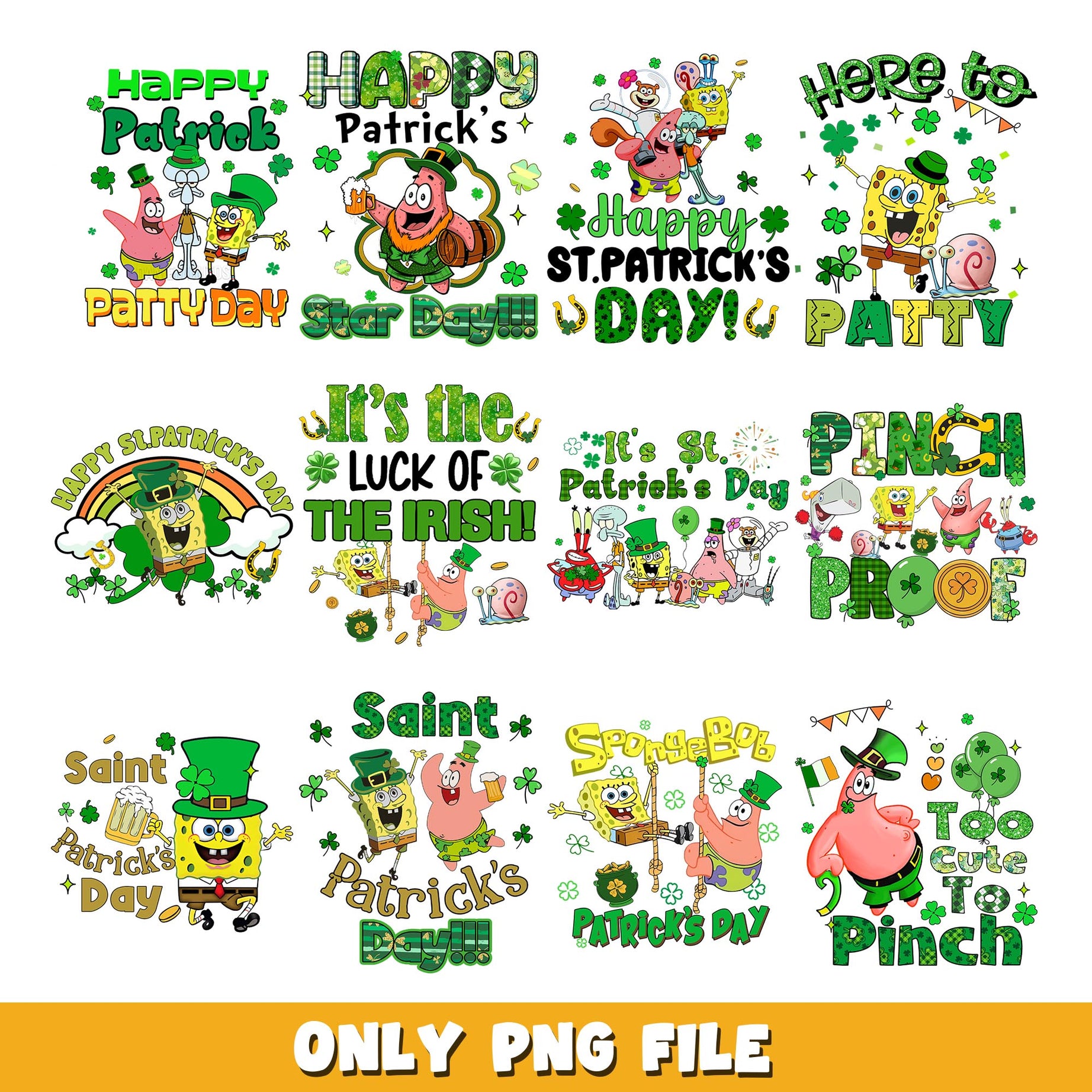 SpongeBob lucky me st. patrick's day png, SpongeBob bundle png, cartoon png 