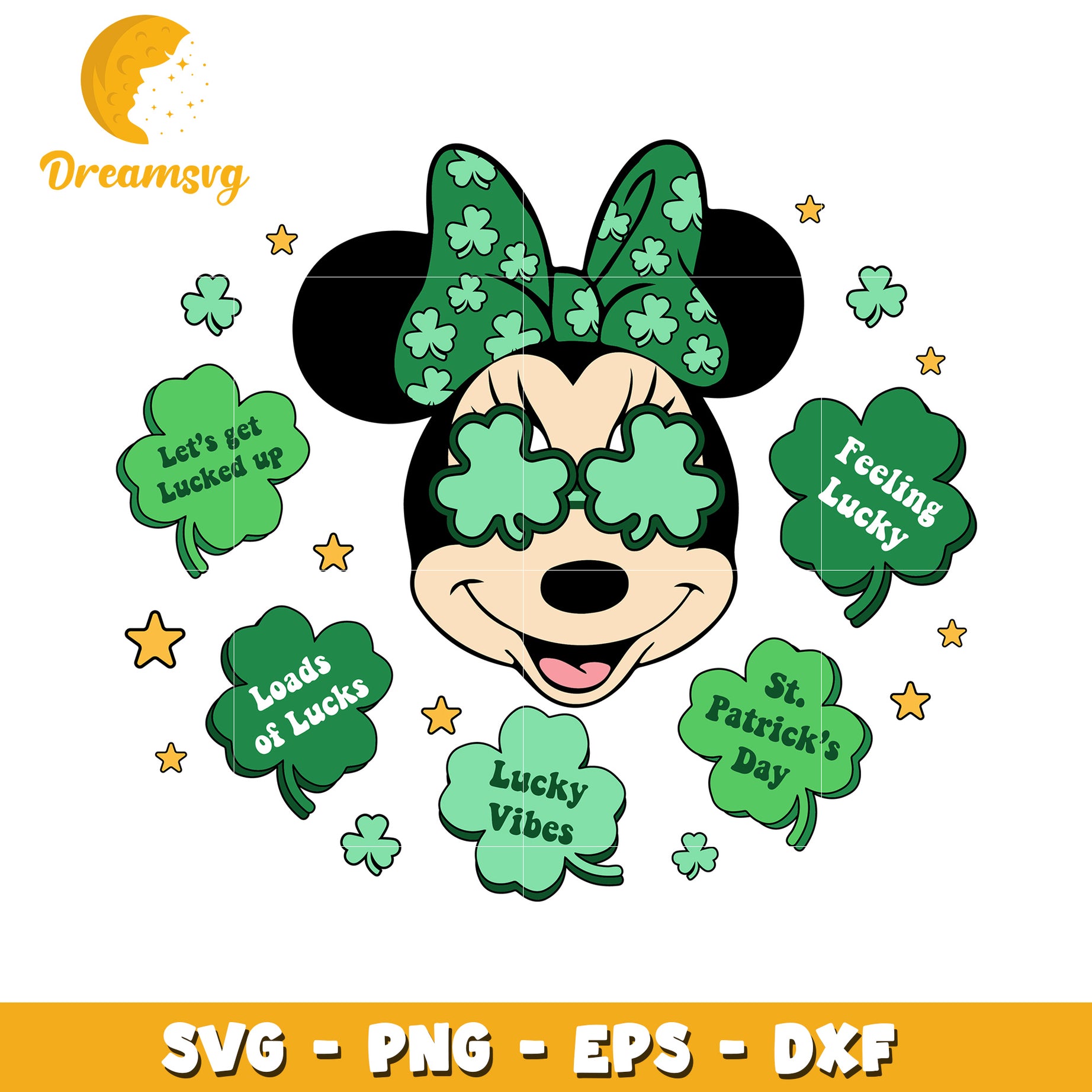 St Patricks Day Minnie Mouse SVG Design with Lucky Shamrocks