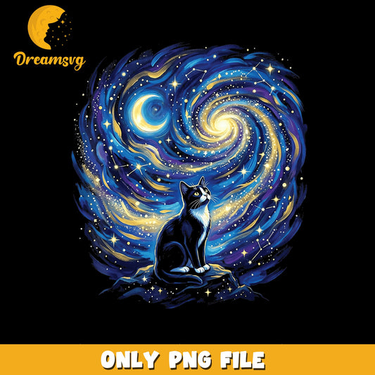 Starry Night Tuxedo Cat Galaxy Moon PNG, Van Gogh Style, Cat Lover PNG