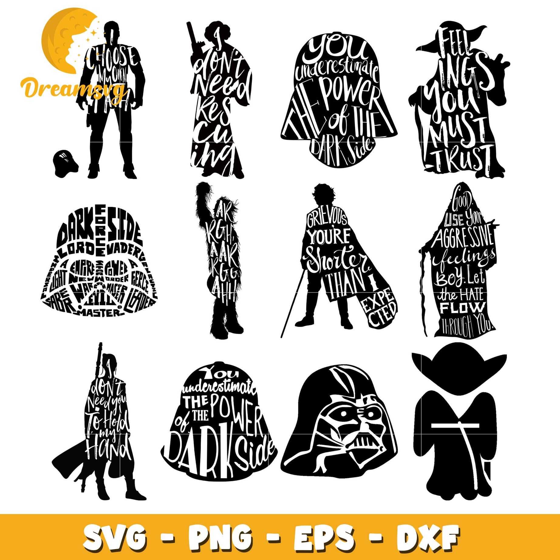 Star wars black white characters bundle svg, star wars cast svg