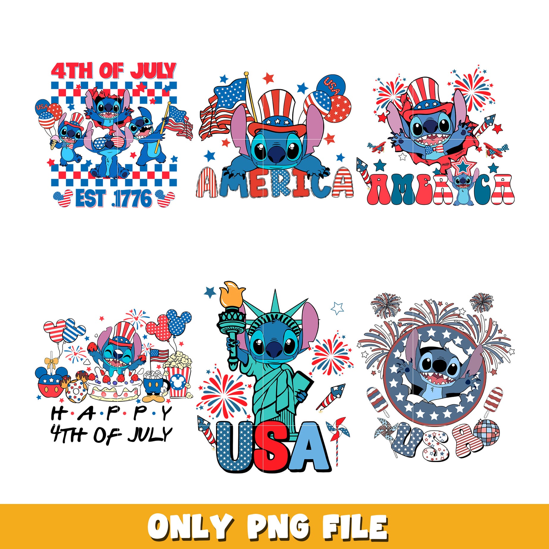 Stitch 4th of july  bundle png, Disney cartoon png, Digital download 