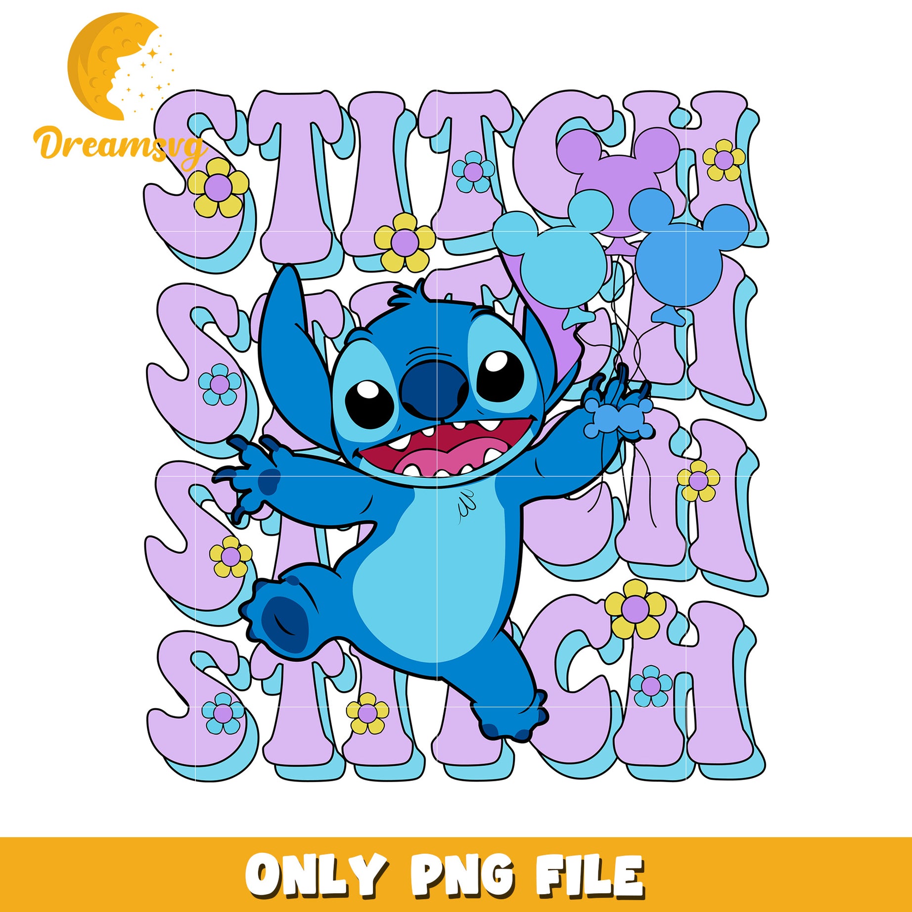 Stitch PNG, Retro, Cute, Balloons, Flowers
