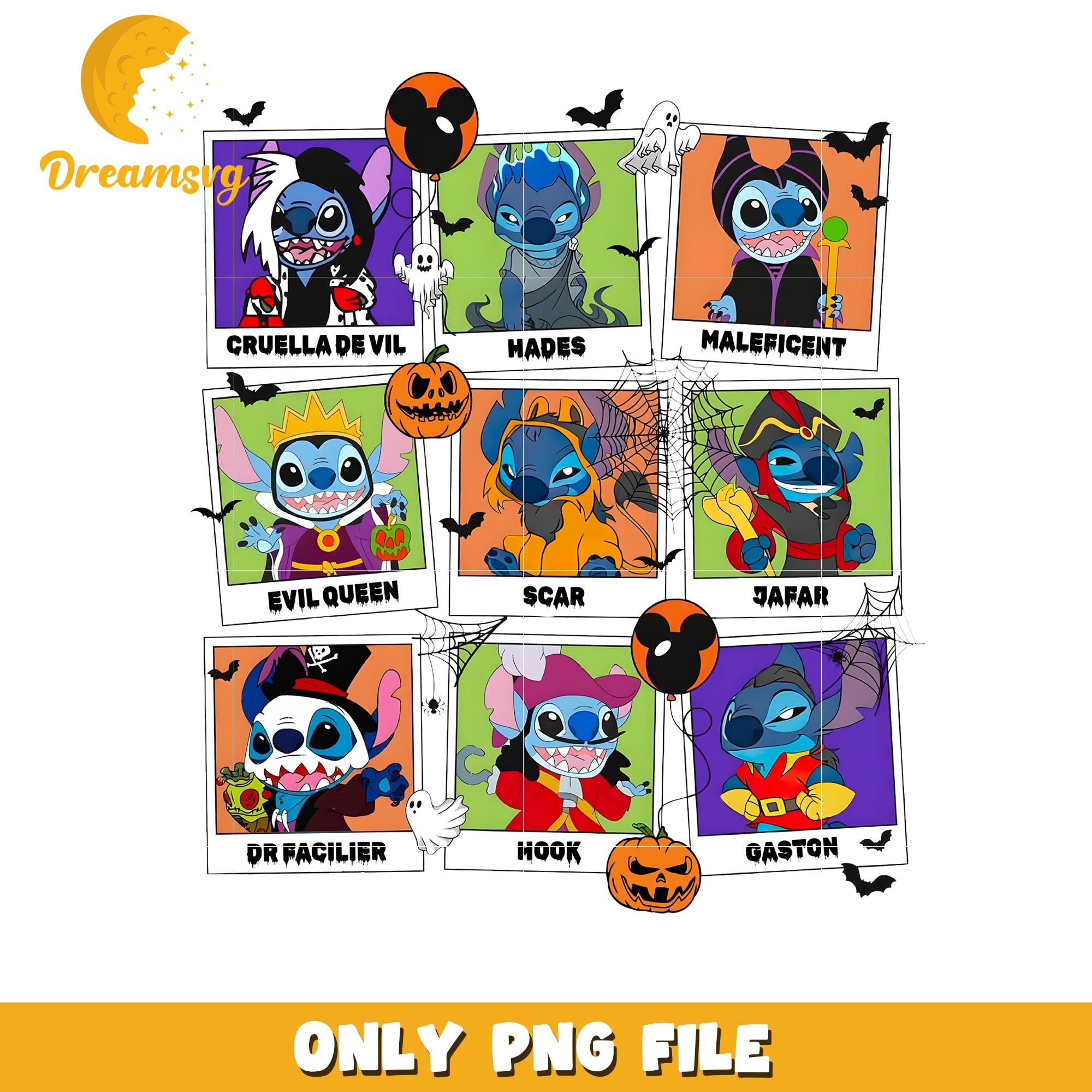 Stitch Disney villain characters card png, Disney friends halloween vibes png