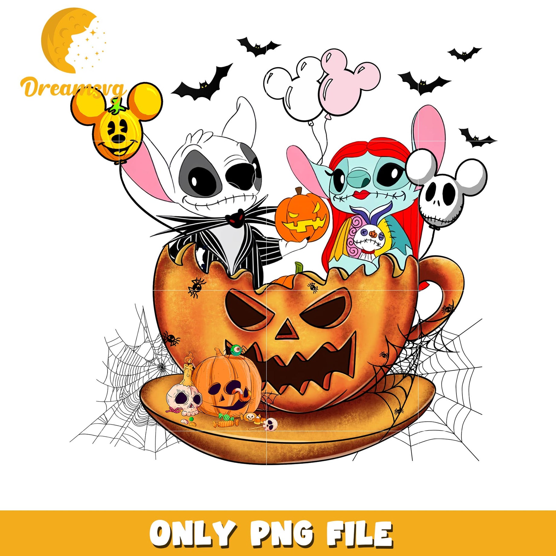 Stitch Jack and Sally couple cosplay png, Disney friends halloween vibes png