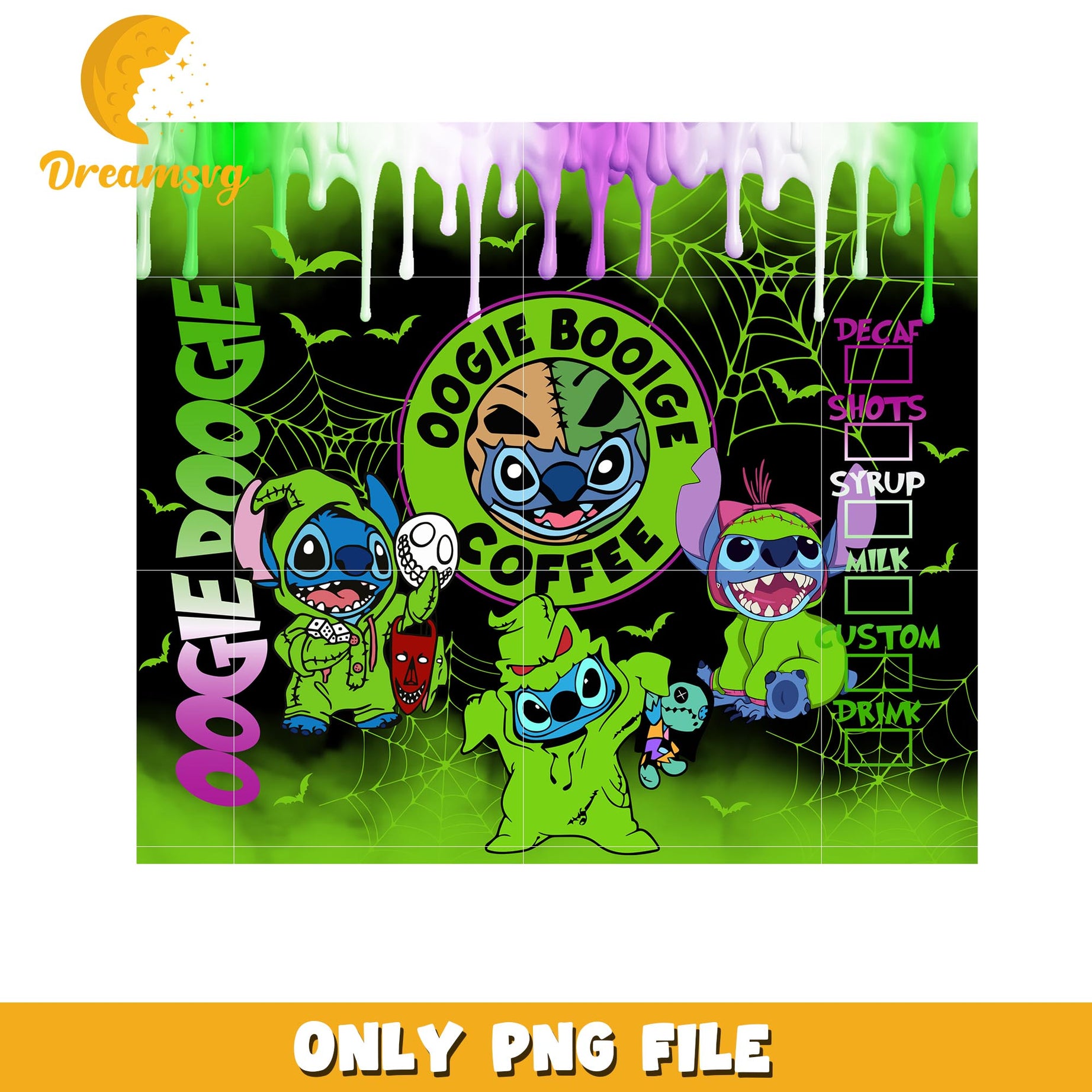 Stitch Oogie Boogie coffee png, Disney friends halloween vibes png