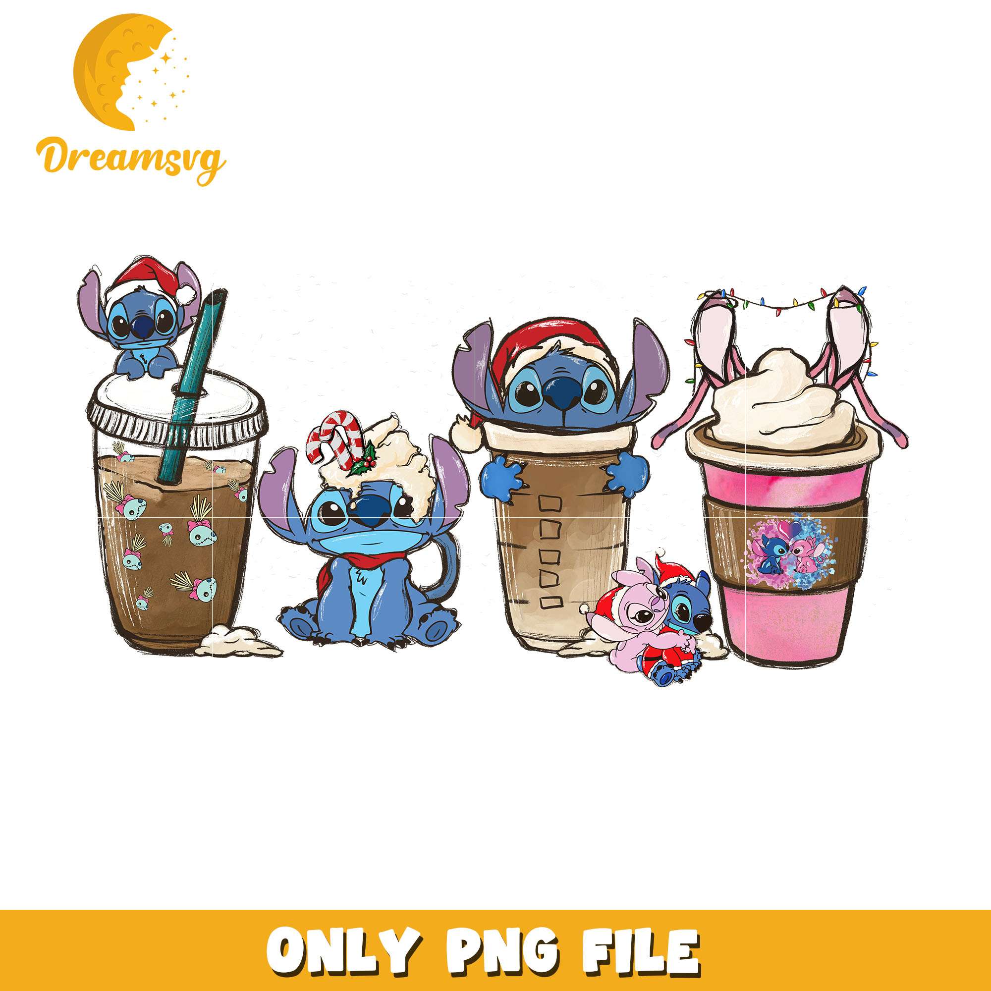 Stitch character and coffee png, stitch png, christmas png