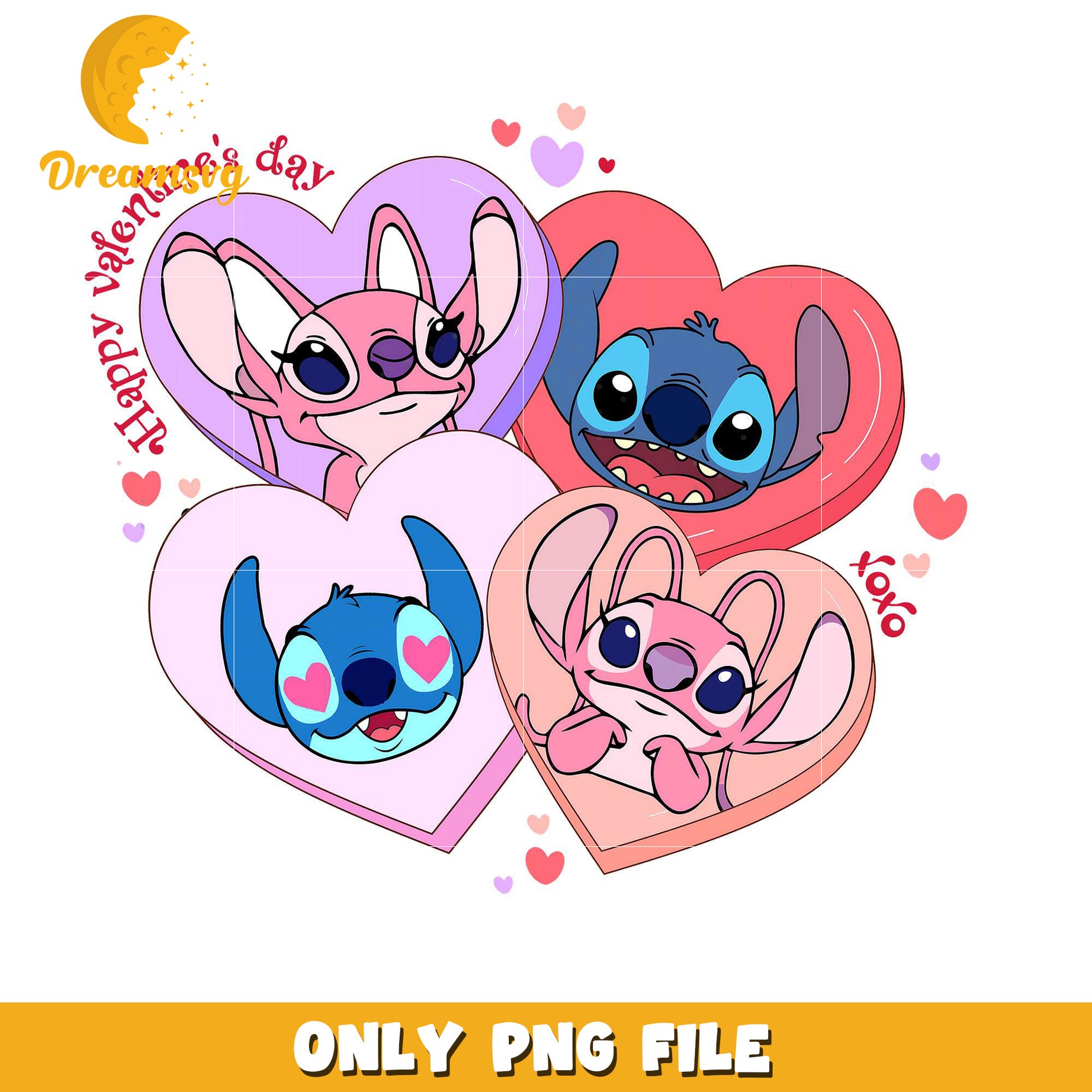 Stitch and Angel happy valentine's day png, xoxo valentine png