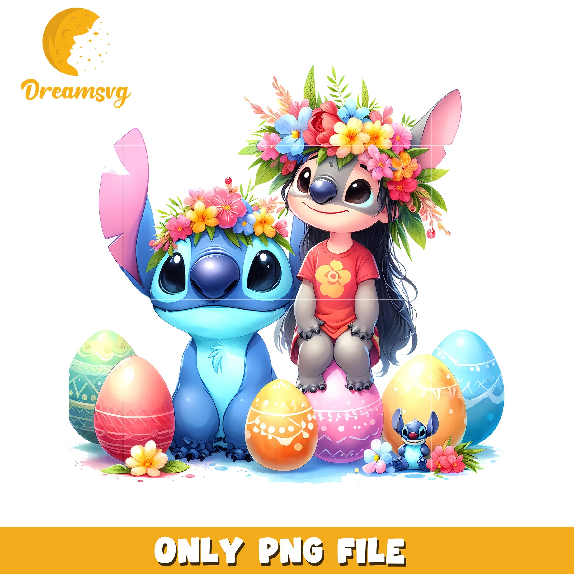 Stitch and Lilo Pelekai floral png, easter eggs png, lilo and stitch png
