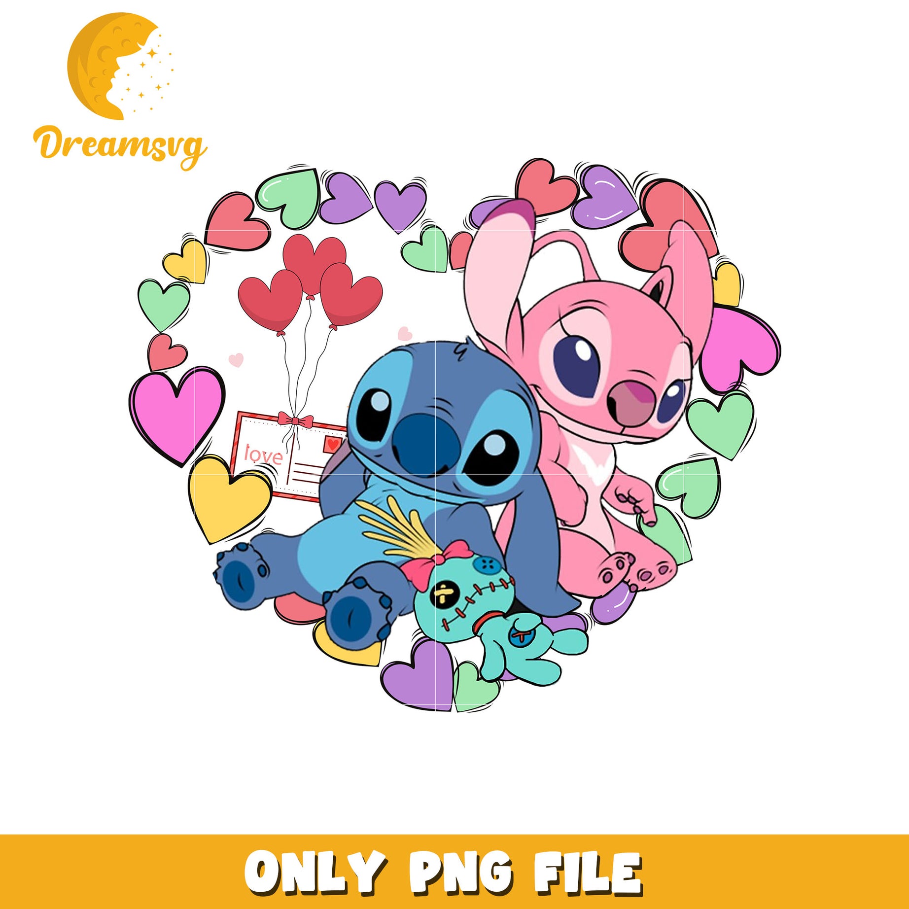 Stitch and angel heart shape design png, couple png, valentine png