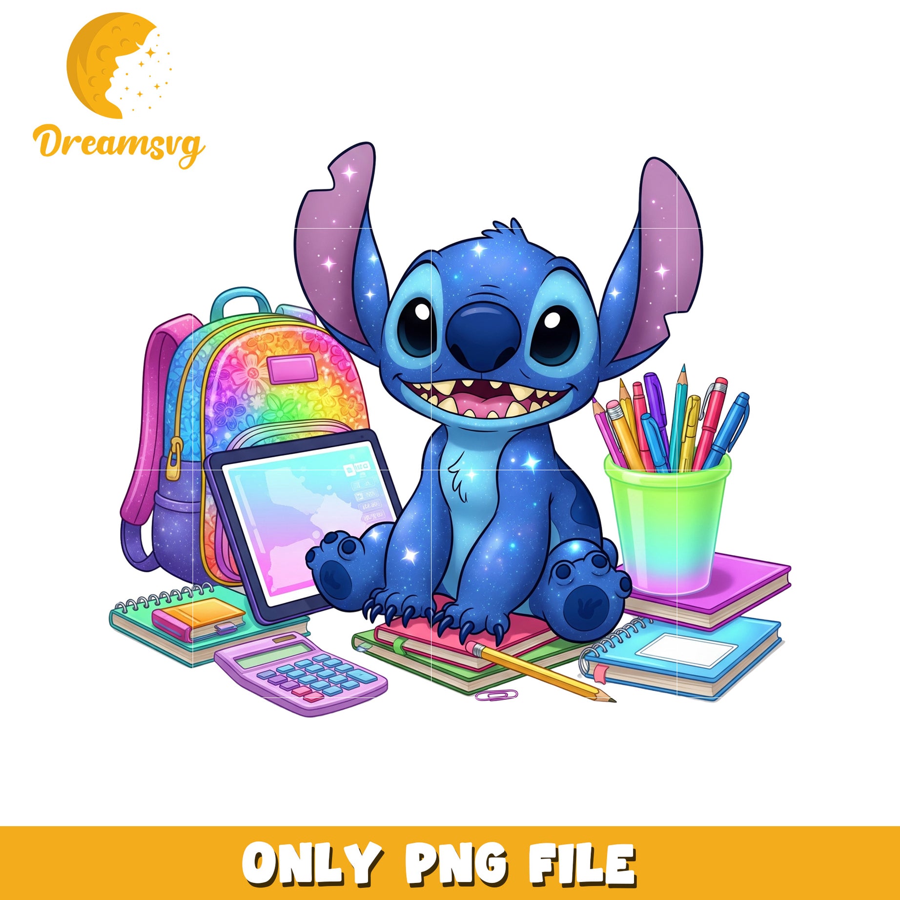 Stitch colorful school supplies png, disney stitch png, lilo and stitch png