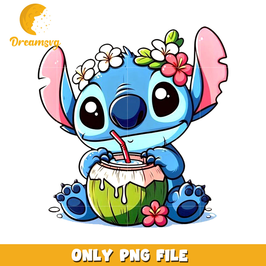 Stitch drinking coconut png, cute stitch png, lilo and stitch cartoon png