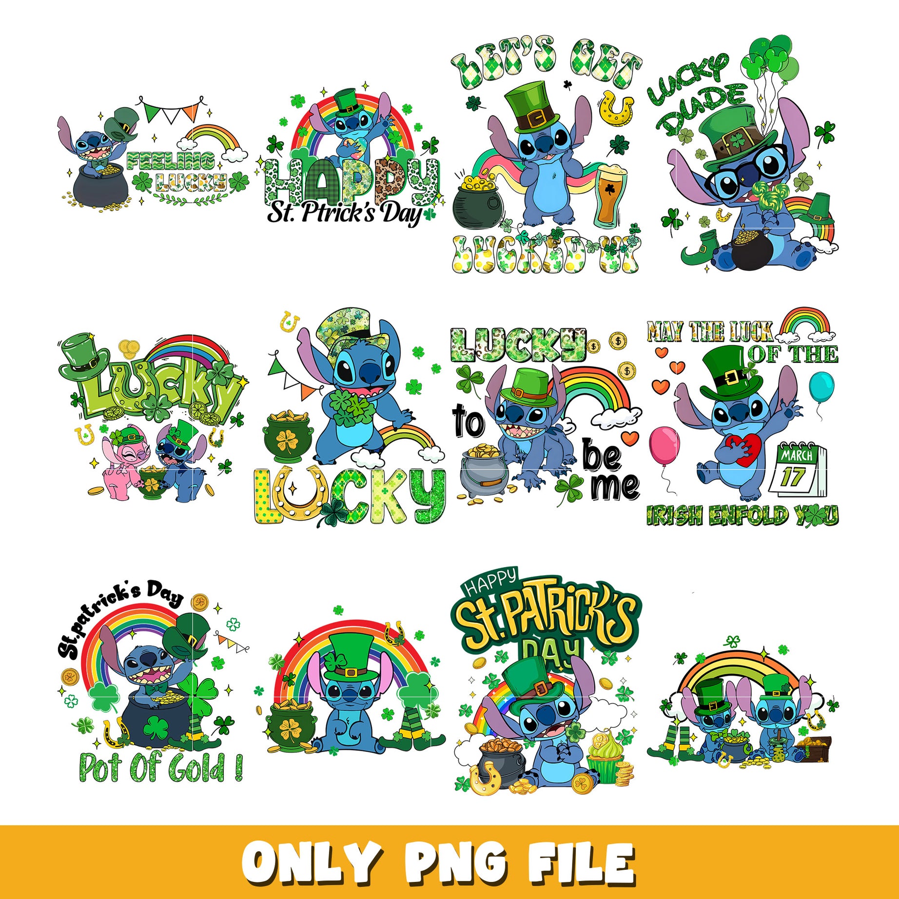 Stitch St Patricks Day Bundle bundle png, Disney cartoon png, Digital download  