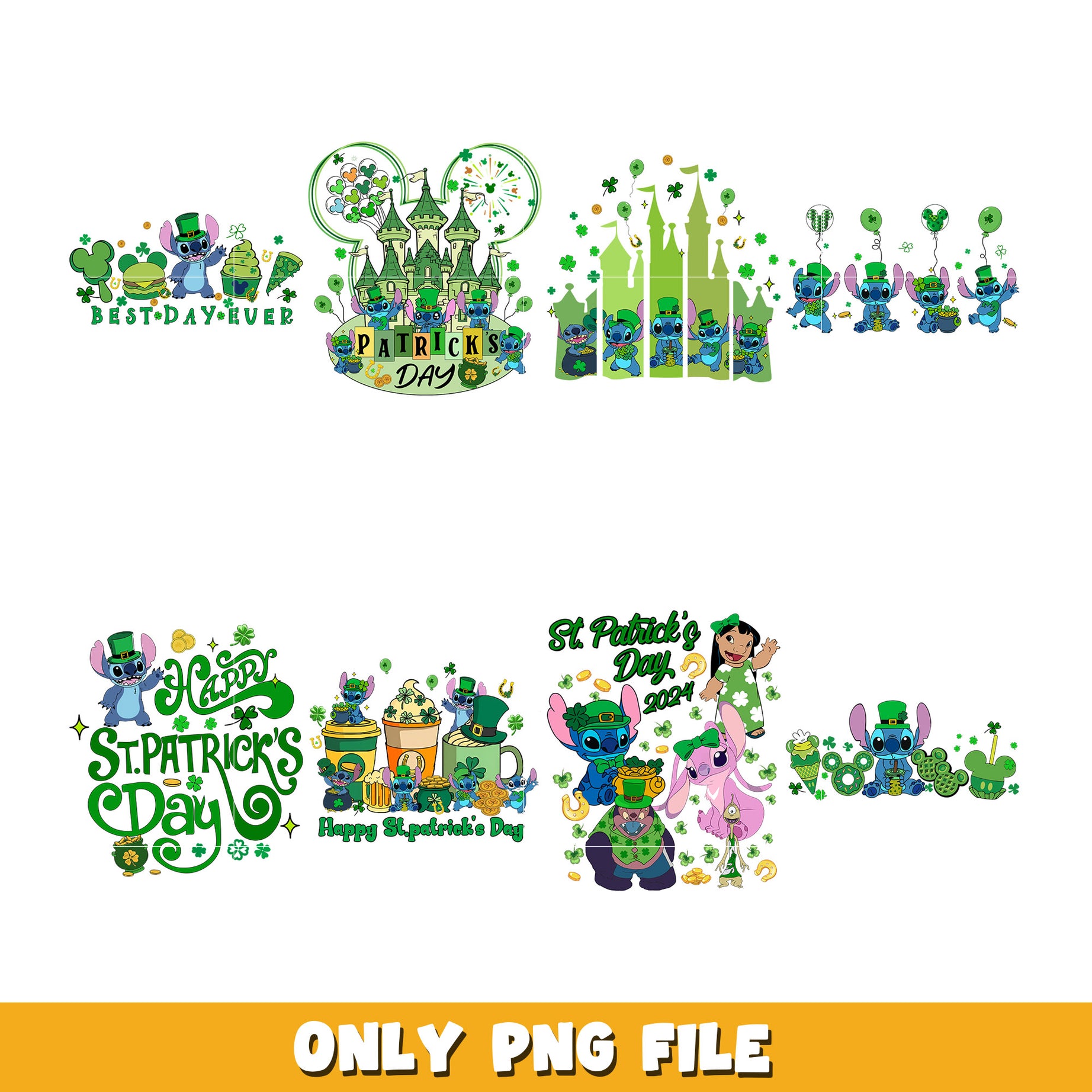 Disney stitch castle patrick's day bundle png, Disney cartoon png, Digital download 