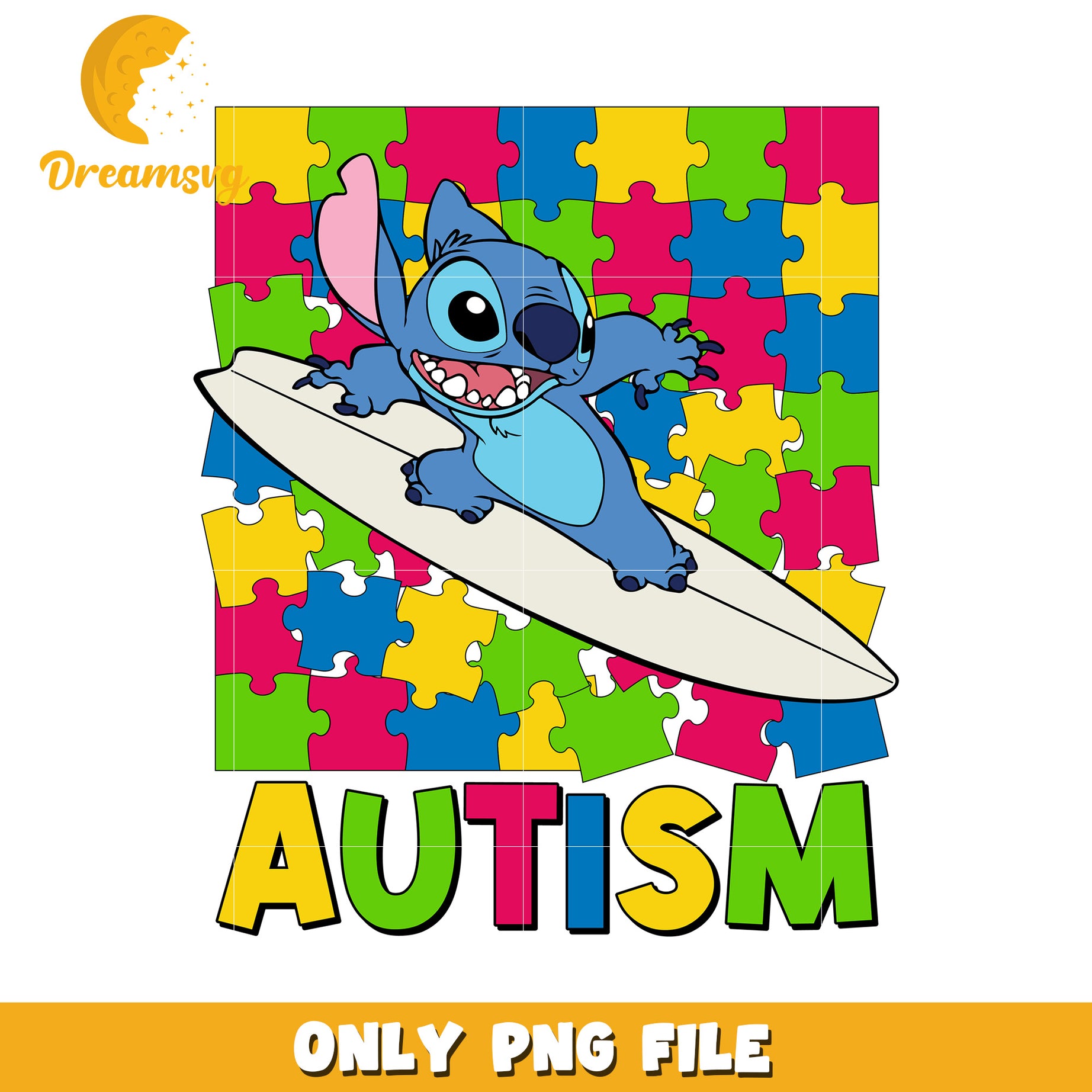 Stitch surfboard autism png, autism awareness puzzle piece png