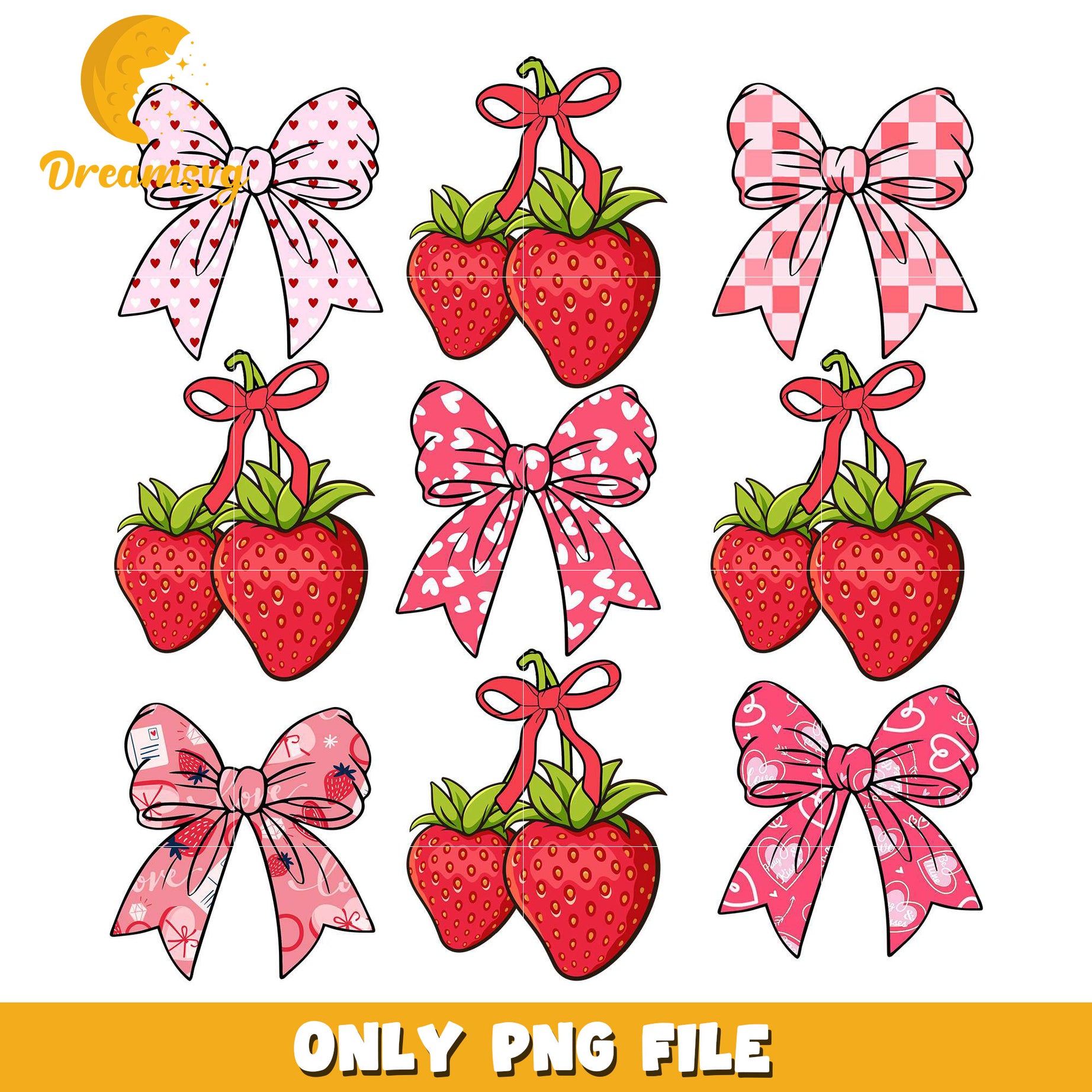 Straw berry and coquette bow valentine png, sweet valentine png