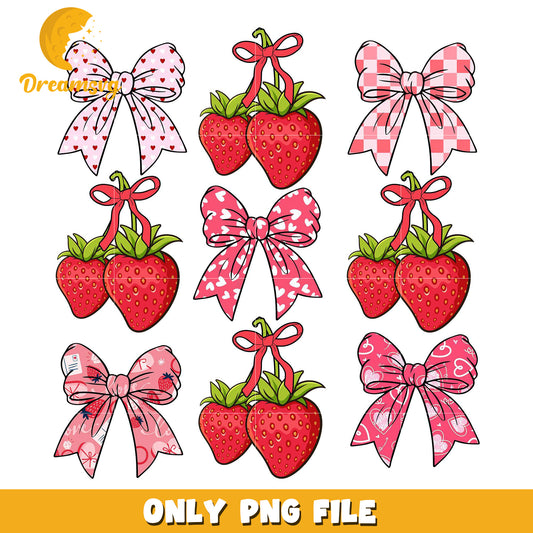 Straw berry and coquette bow valentine png, sweet valentine png