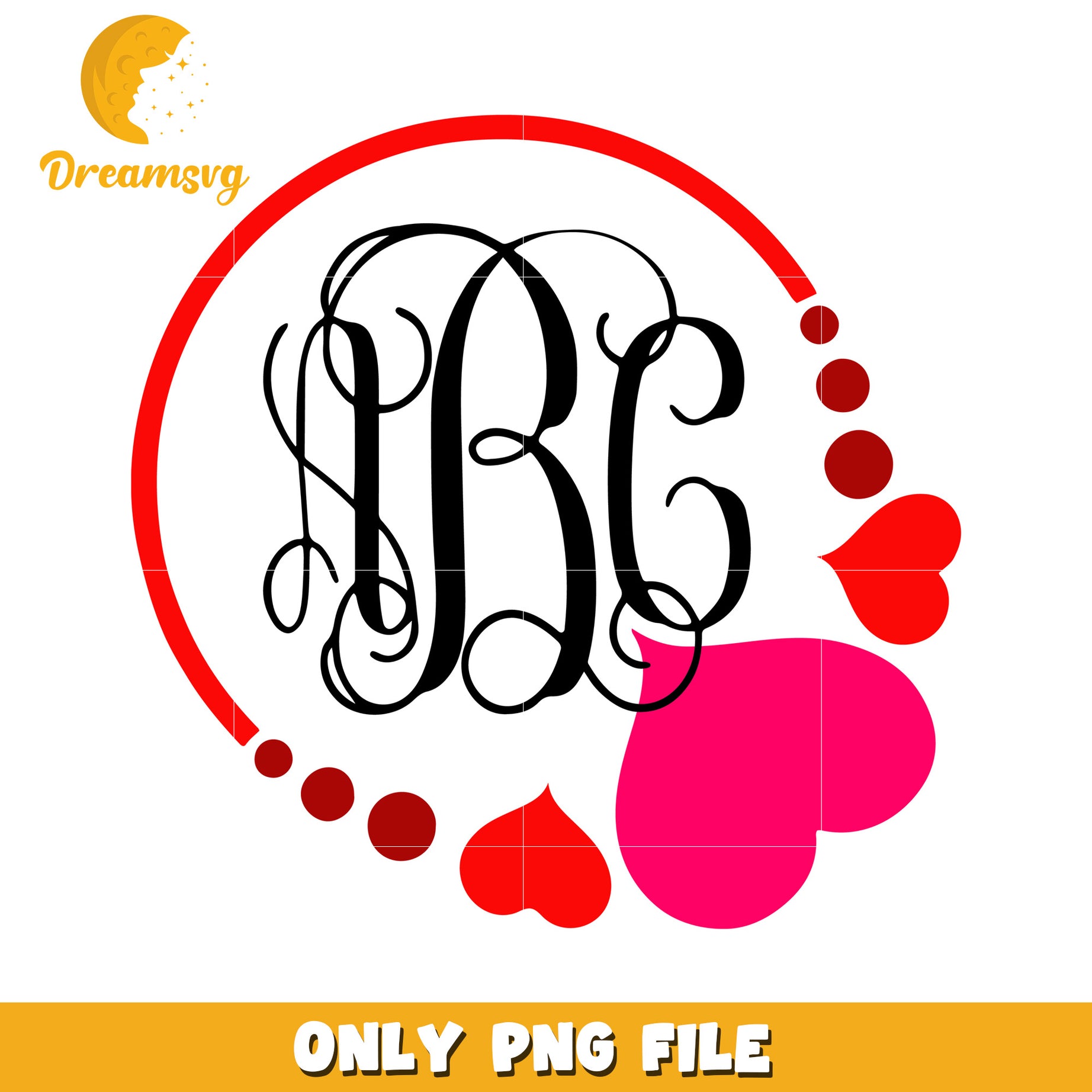 Stylish ABC Monogram Design with Hearts PNG Format