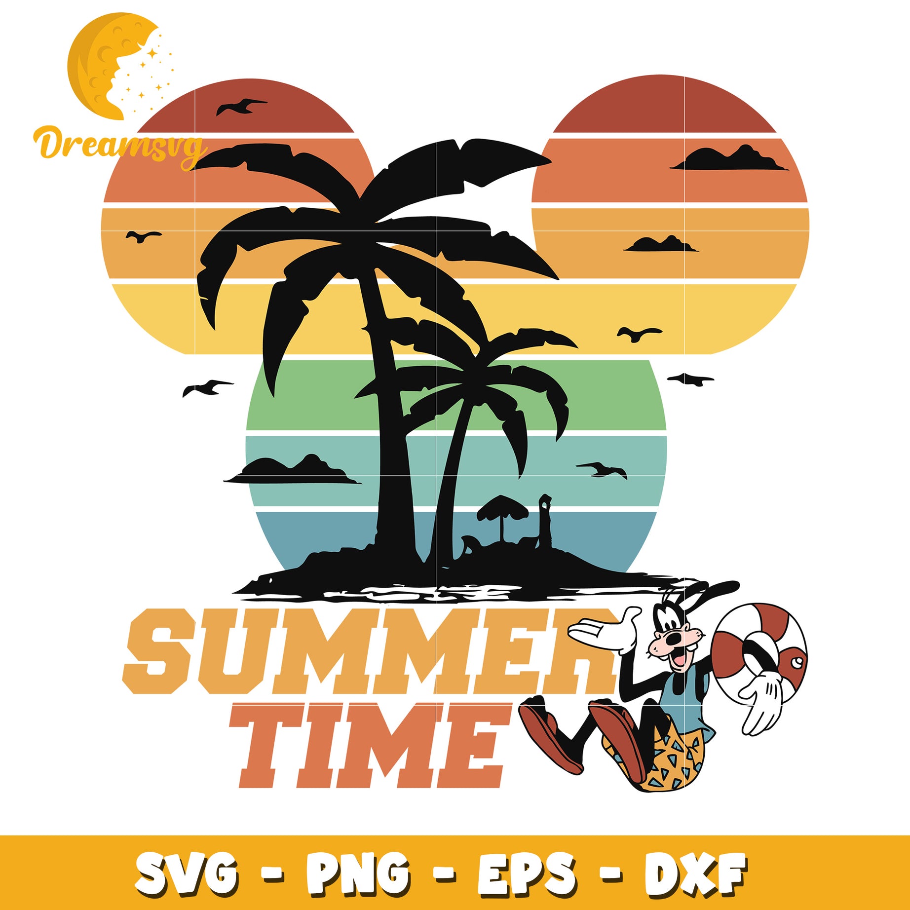 Summer Time SVG Graphic with Palm Trees and Goofy Character Design