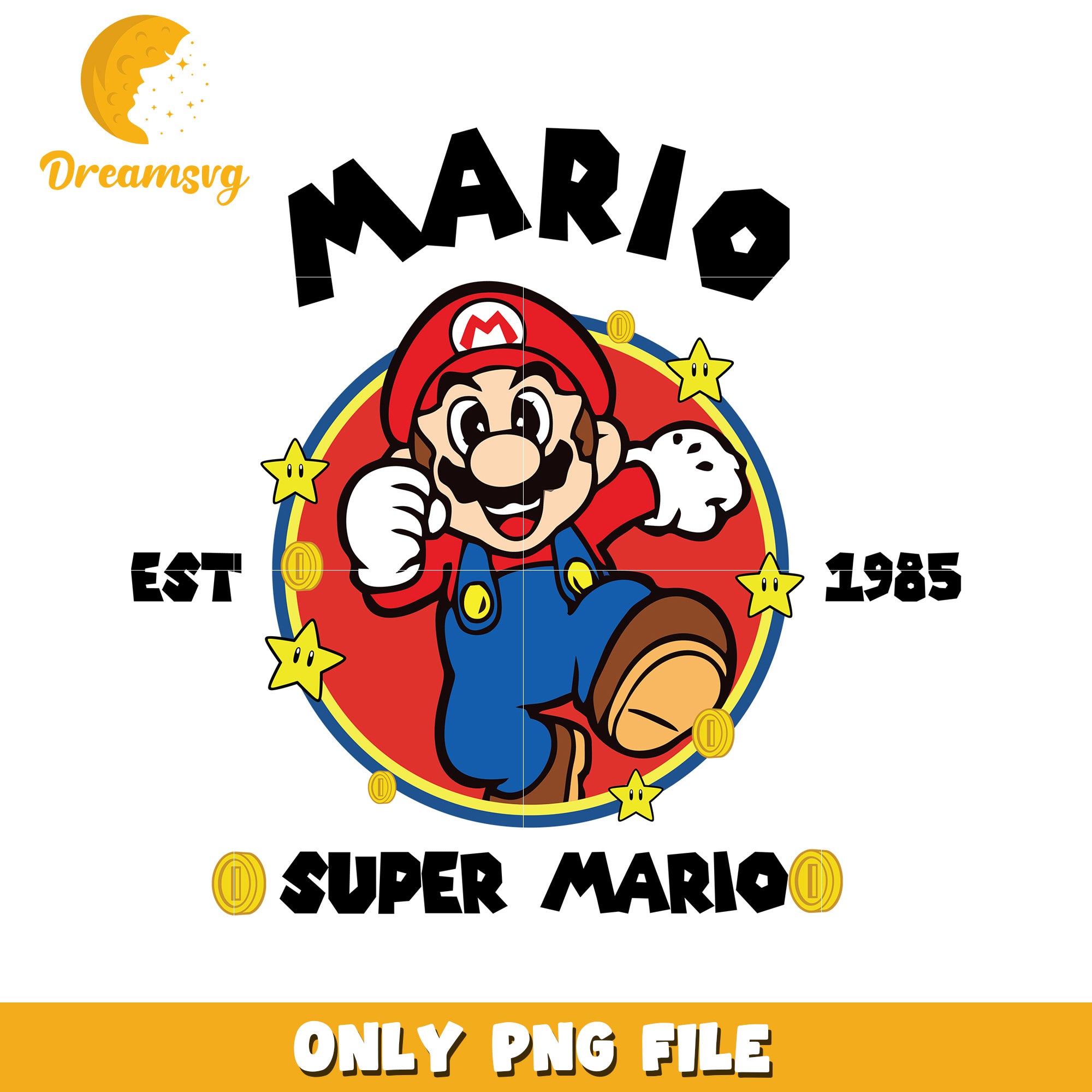 Super mario est 1985 png, retro super mario logo png, vintage mario design png