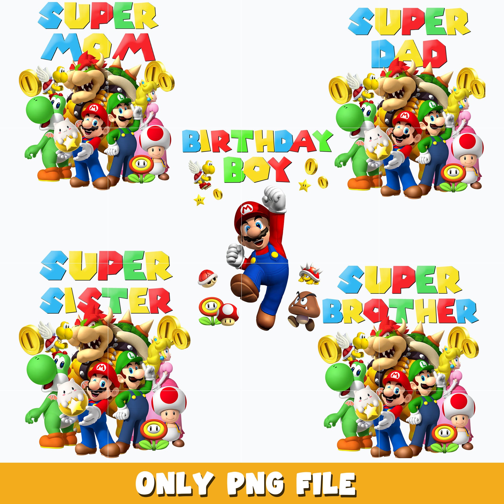 Supper Mario Birthday boy bundle png, cartoon png, Digital download