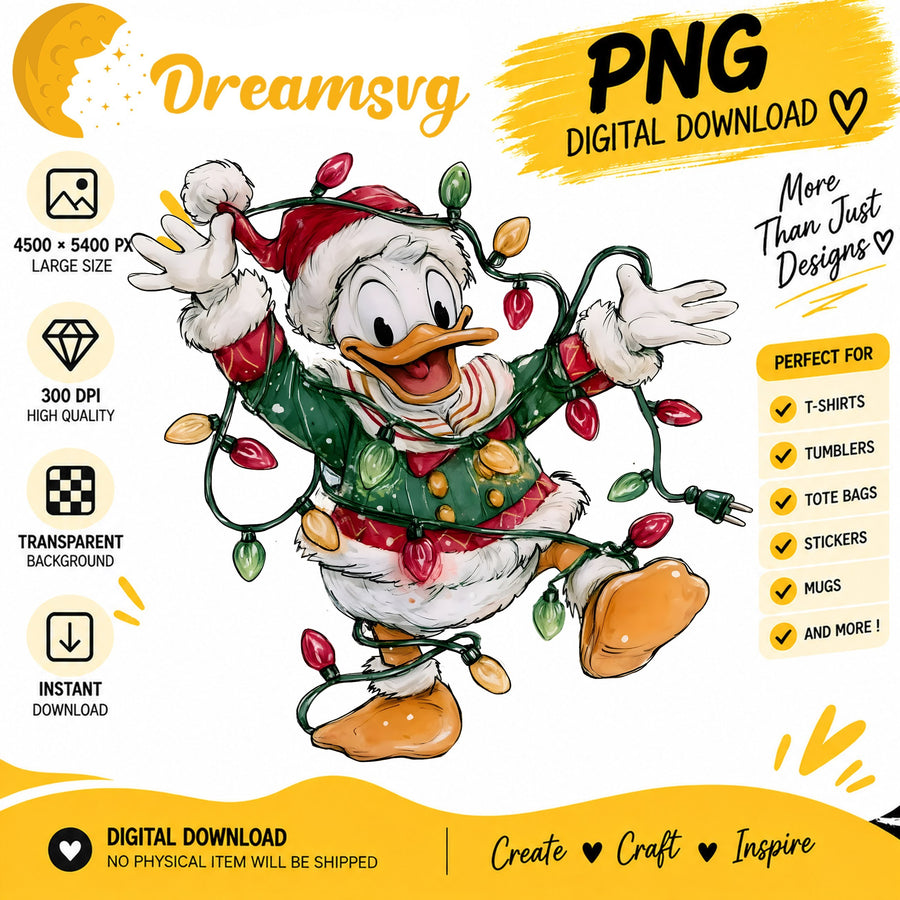 Donald Duck tangled in Christmas lights PNG clipart