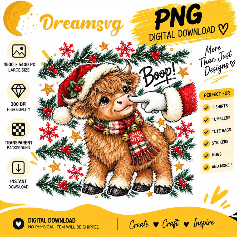 Highland cow Santa Boop Christmas PNG clipart