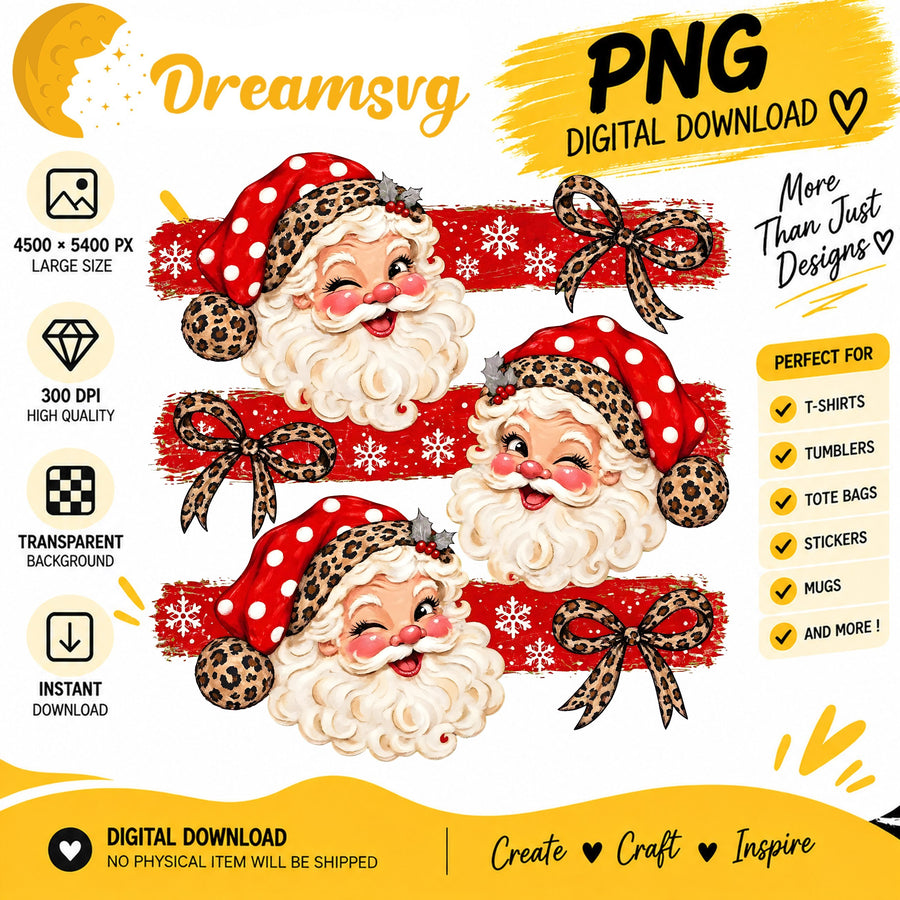 Retro leopard print Santa face trio PNG clipart