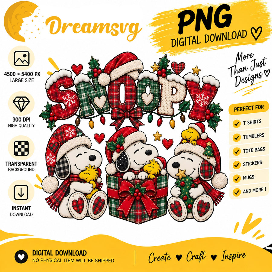 Snoopy and Woodstock Christmas plaid lettering PNG clipart