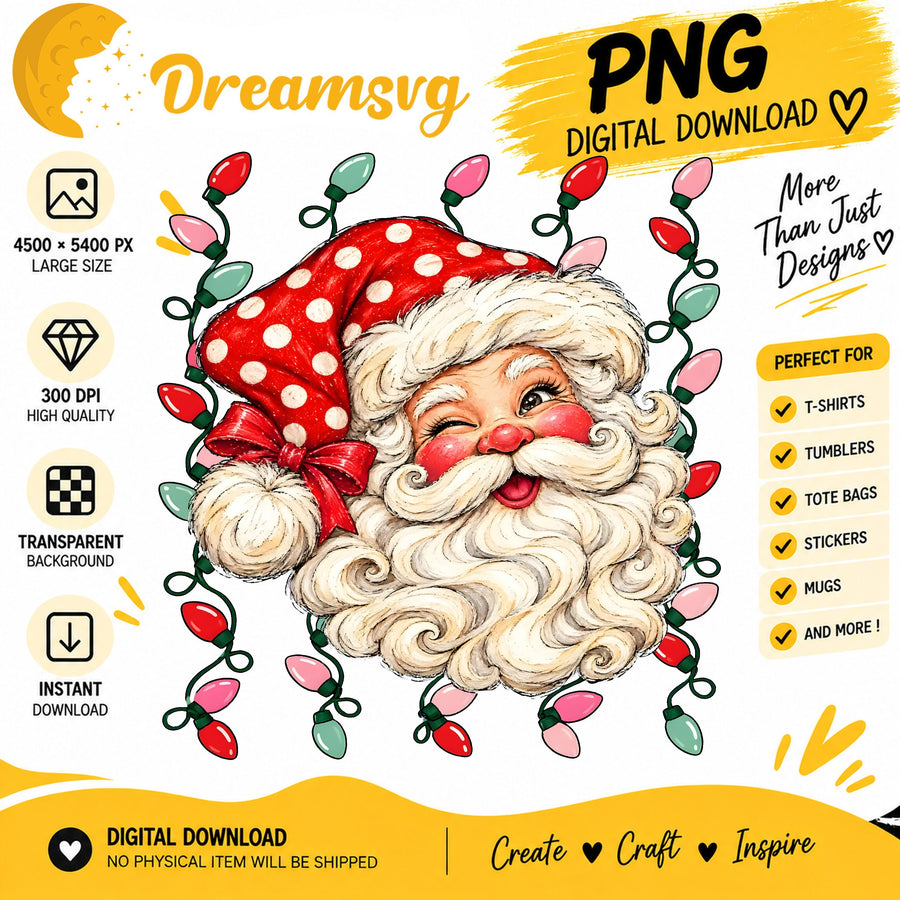 Winking retro Santa face with string lights PNG clipart